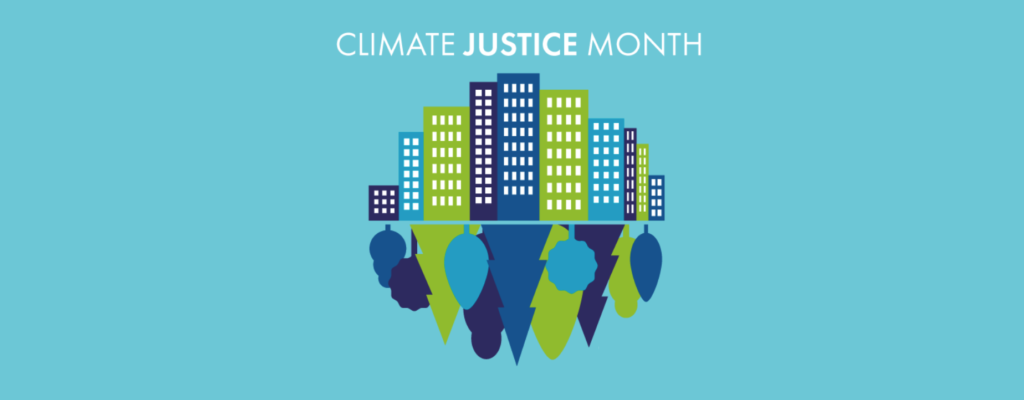 Climate Justice Month logo with colorful buildings and trees